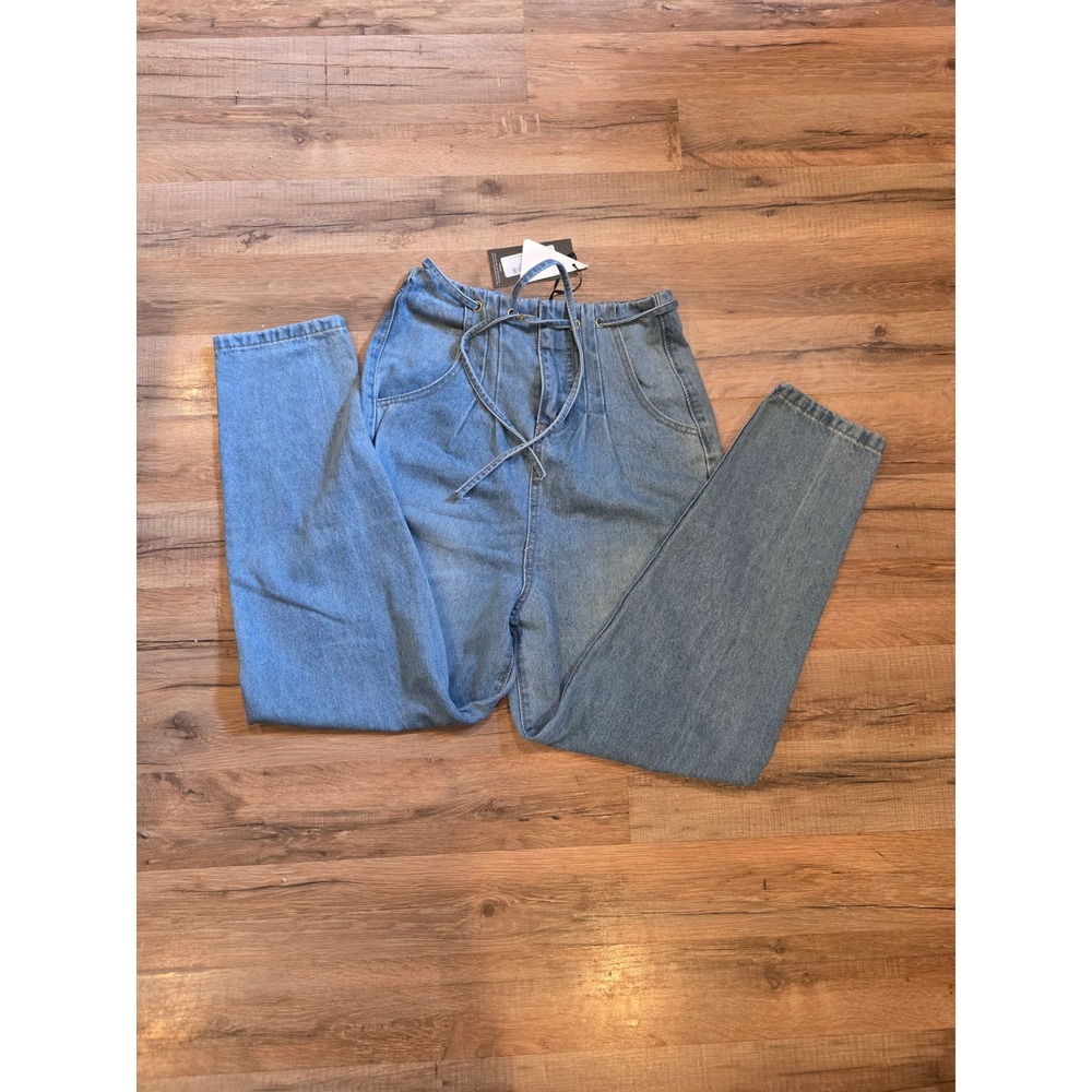 PrettyLittleThing High Waist Balloon Jeans Vintage Wash Blue Tie Waist Size 6